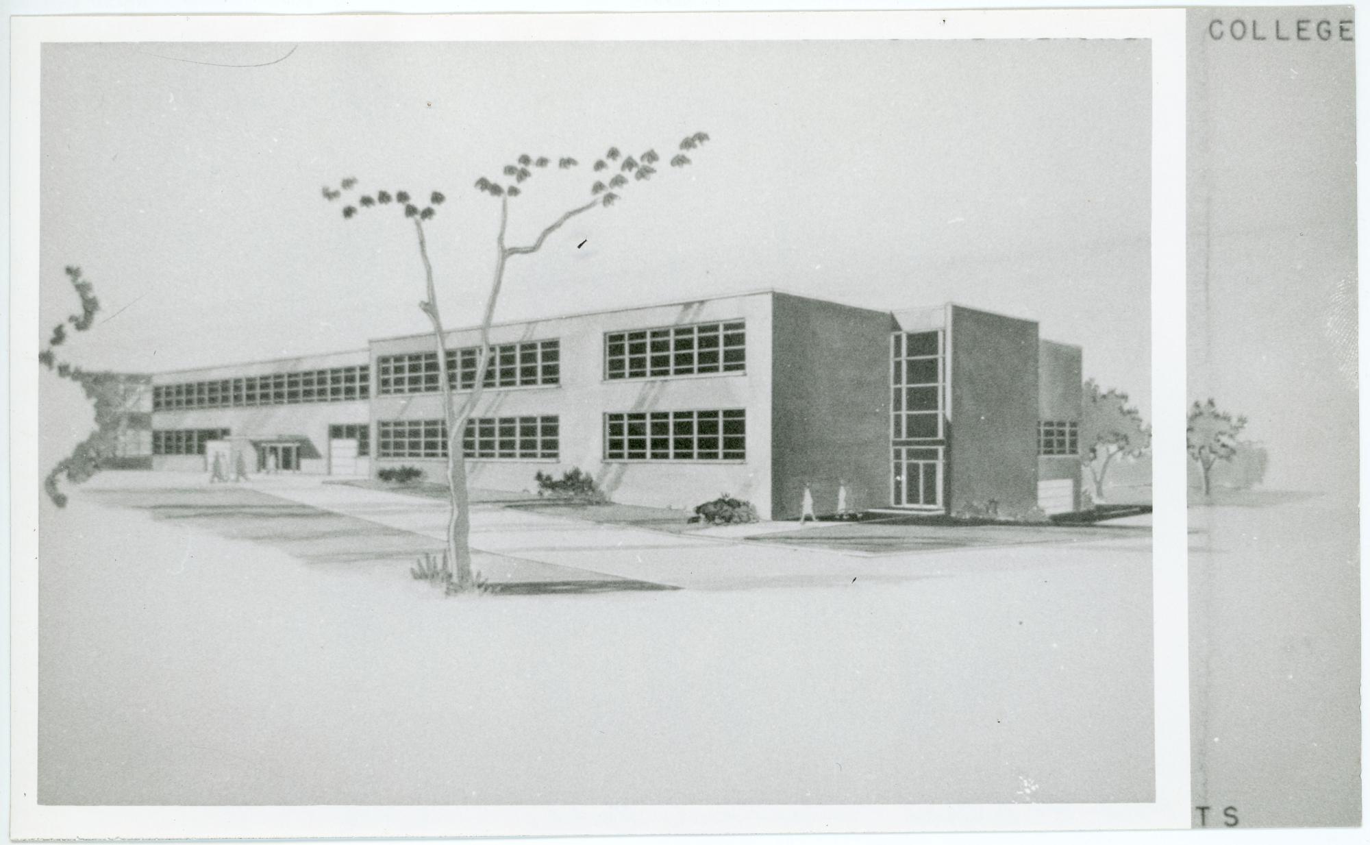 Architectural sketch of Latham Hall exterior