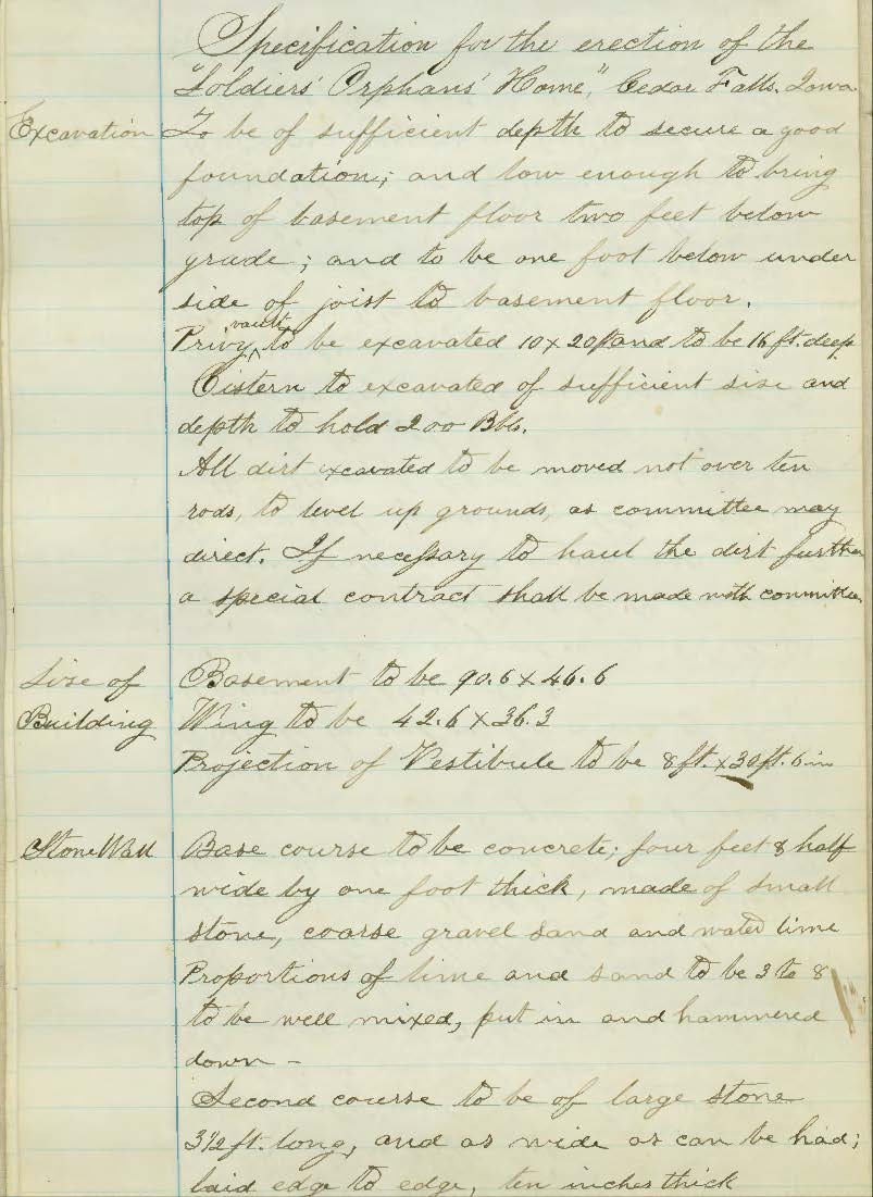 First page of specification for the Orphans' Home handwritten on lined paper