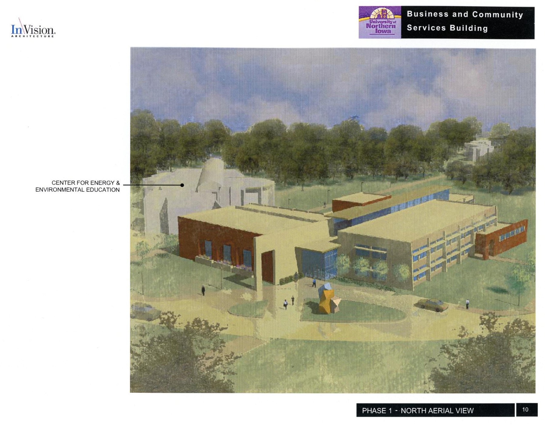 Computer model of a two-story building with two wings; title reads "Business and Community Services" by "InVision Architecture" with captions "Center for Energy & Environrmental Education" pointing to another building and "Phase 1 - North Aerial View" at the bottom