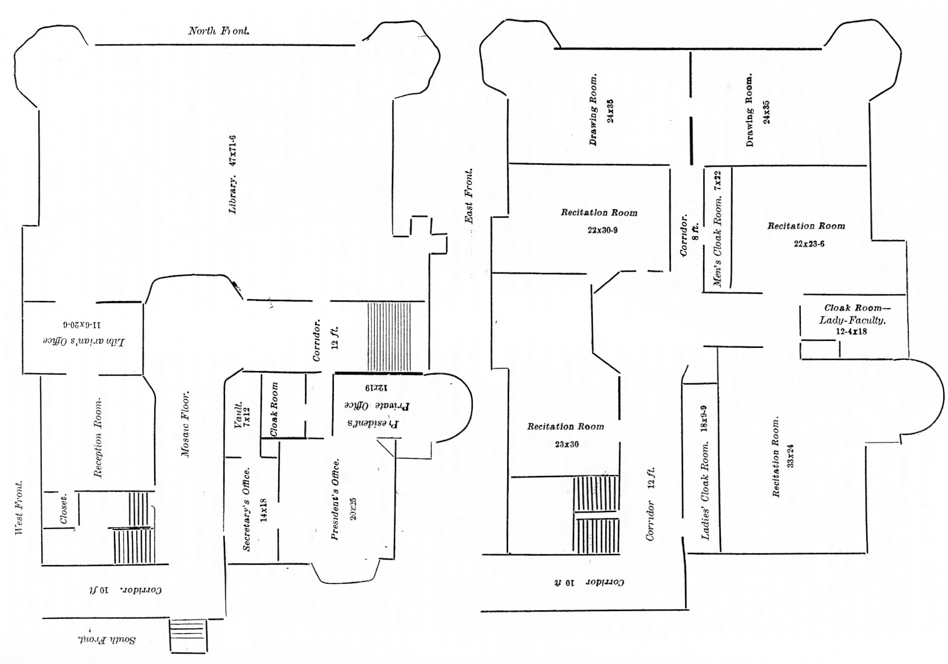 Detailed and labeled floorplan for two stories of building