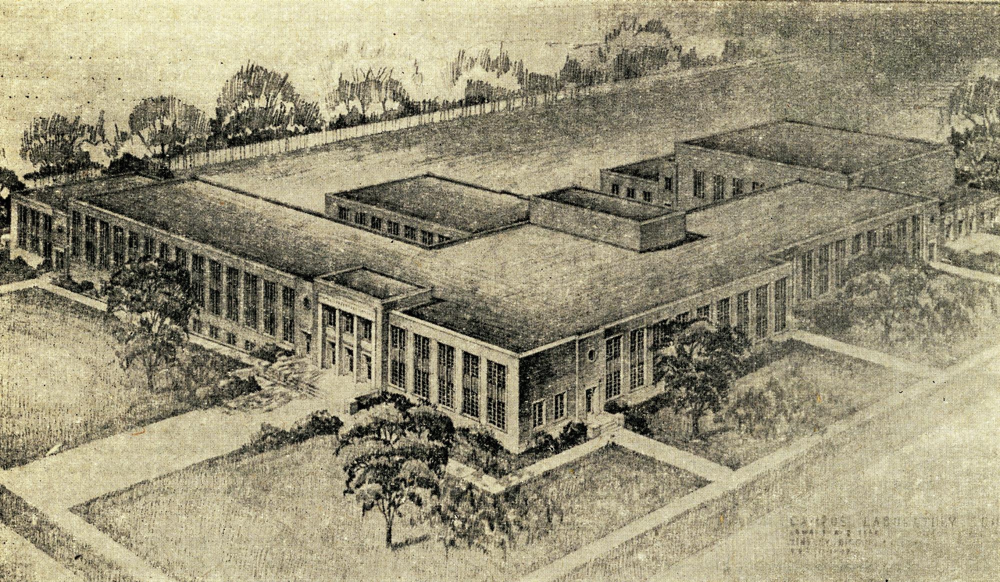 Printed in newspaper, drawing of flat-roofed building with high windows in an L-shape with another connected building to the back right