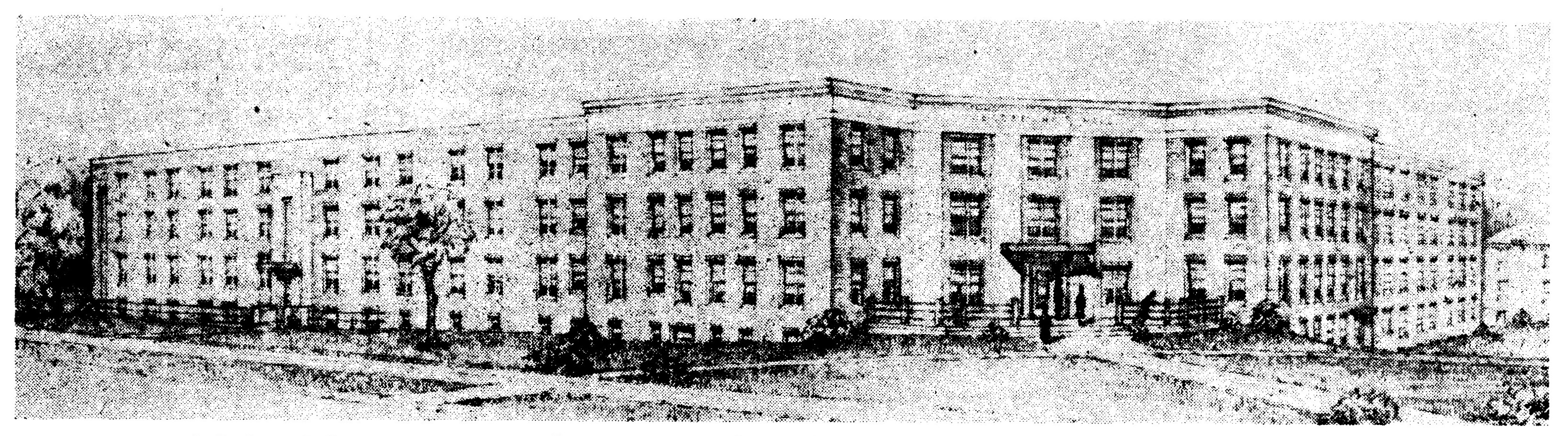 Black and white drawing of proposed building printed in newspaper