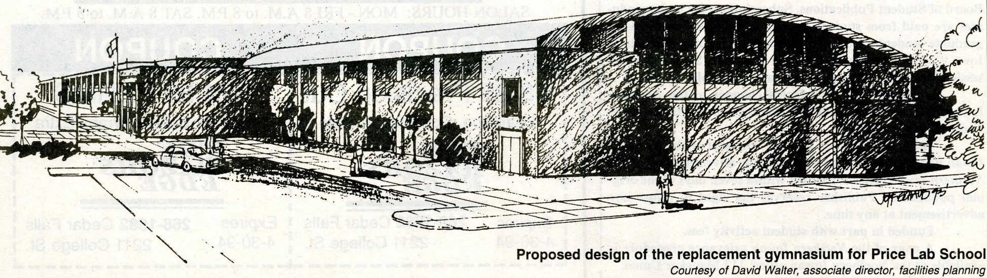 Printed in newspaper, drawing of curved-top gymnasium building attached to a flat-roofed school; caption reads: Proposed design of the replacement gymnasium for Price Lab School, Courtesy of David Walter, associate director, facilities planning