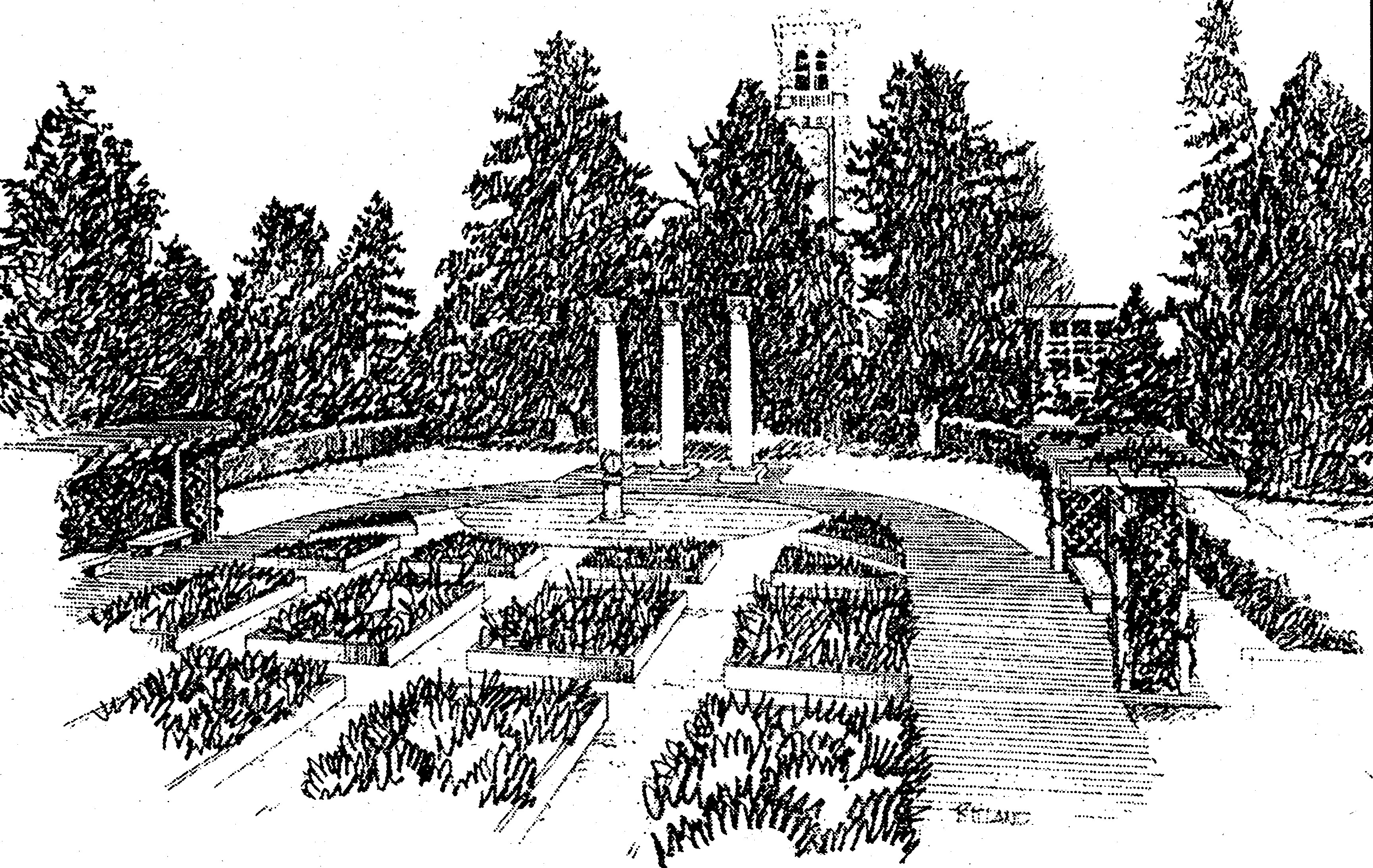 Printed in newspaper, sketch of garden with flowerbeds, benches, and three pillars with tall evergreens and Campanile in background