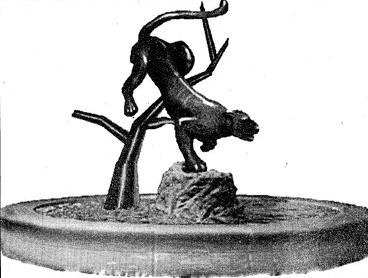 Printed in newspaper, computer sketch of sculpture depicting prowling panther descending from tree