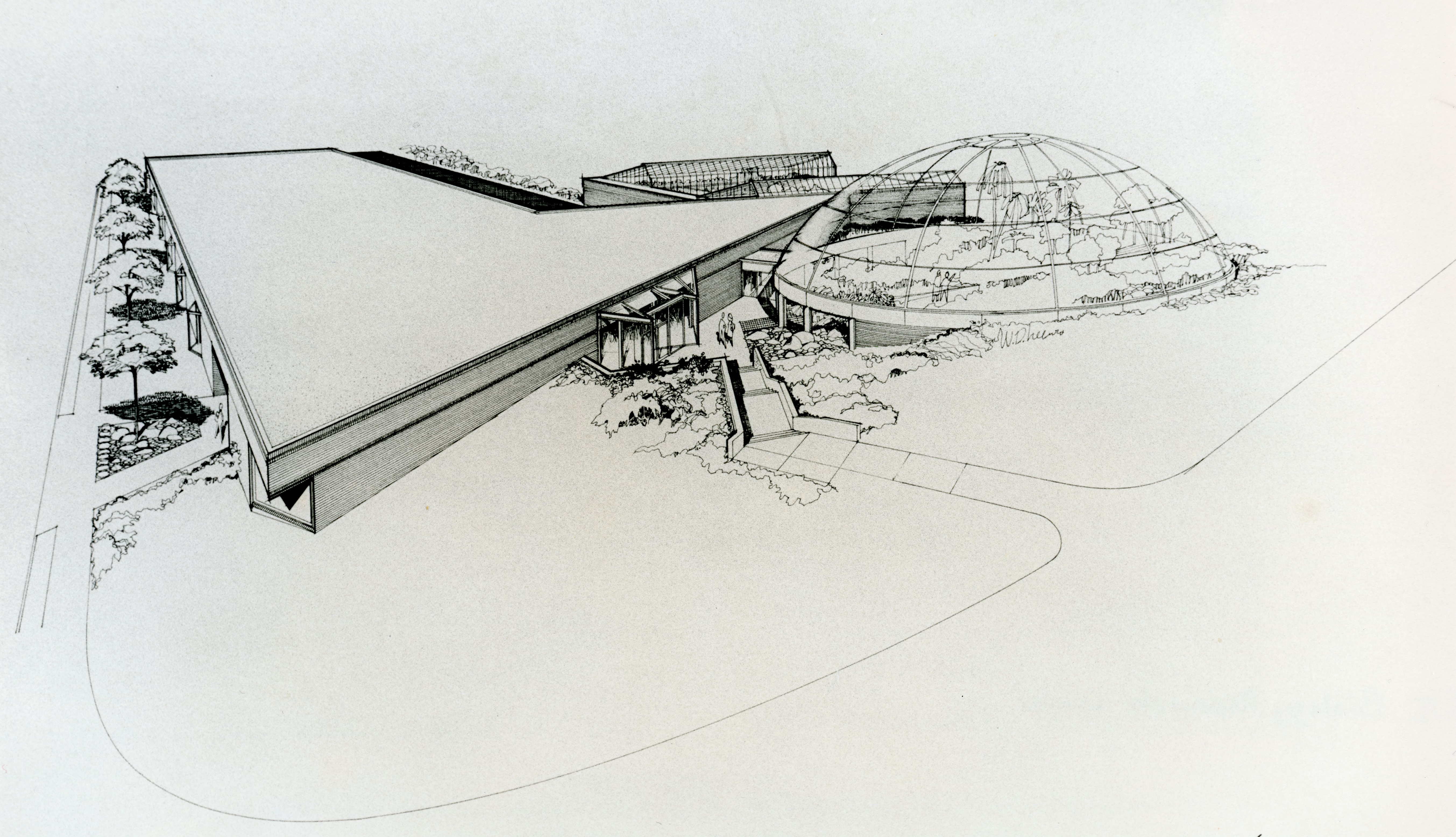 Architectural sketch of a building with a trapezoidal flat-roofed building to the left and a glass dome to the right