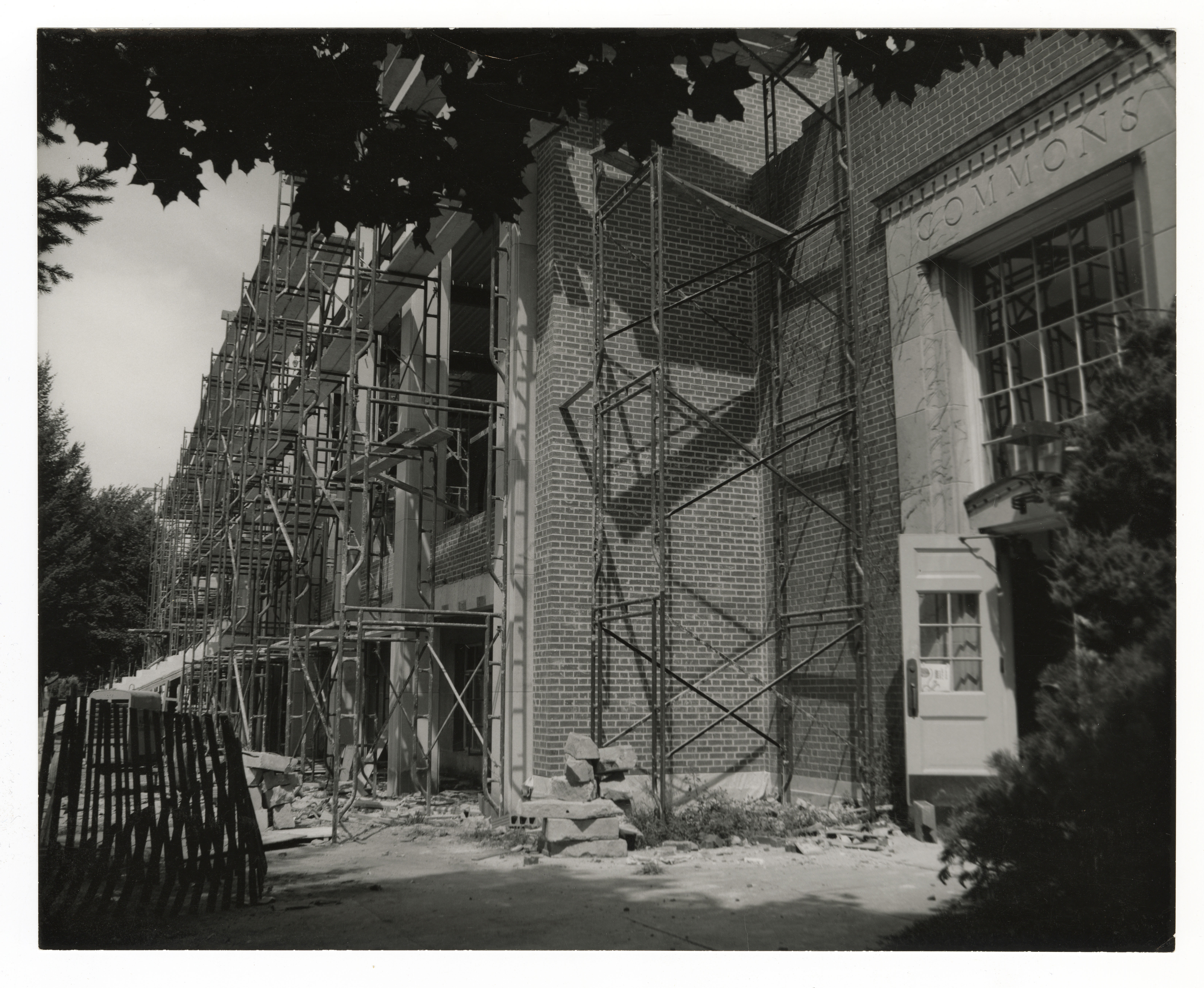 Scaffolding on side of brick building