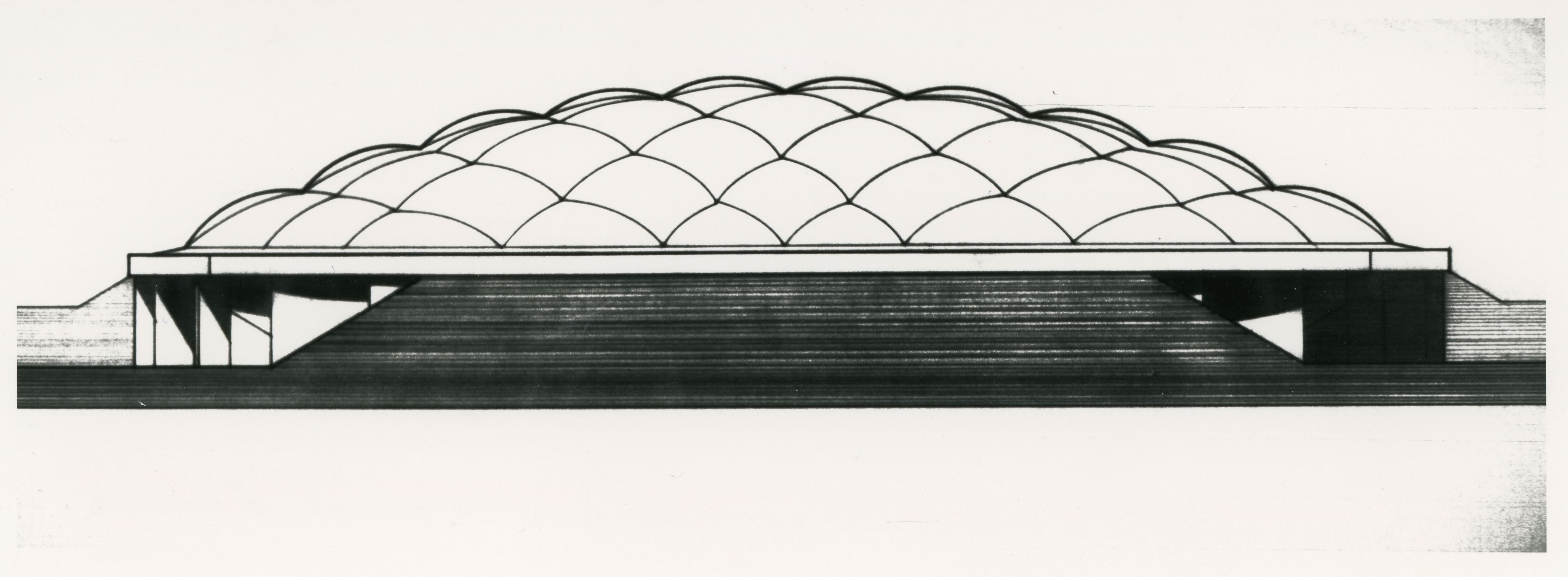 Sketch of a building with a domed fabric roof