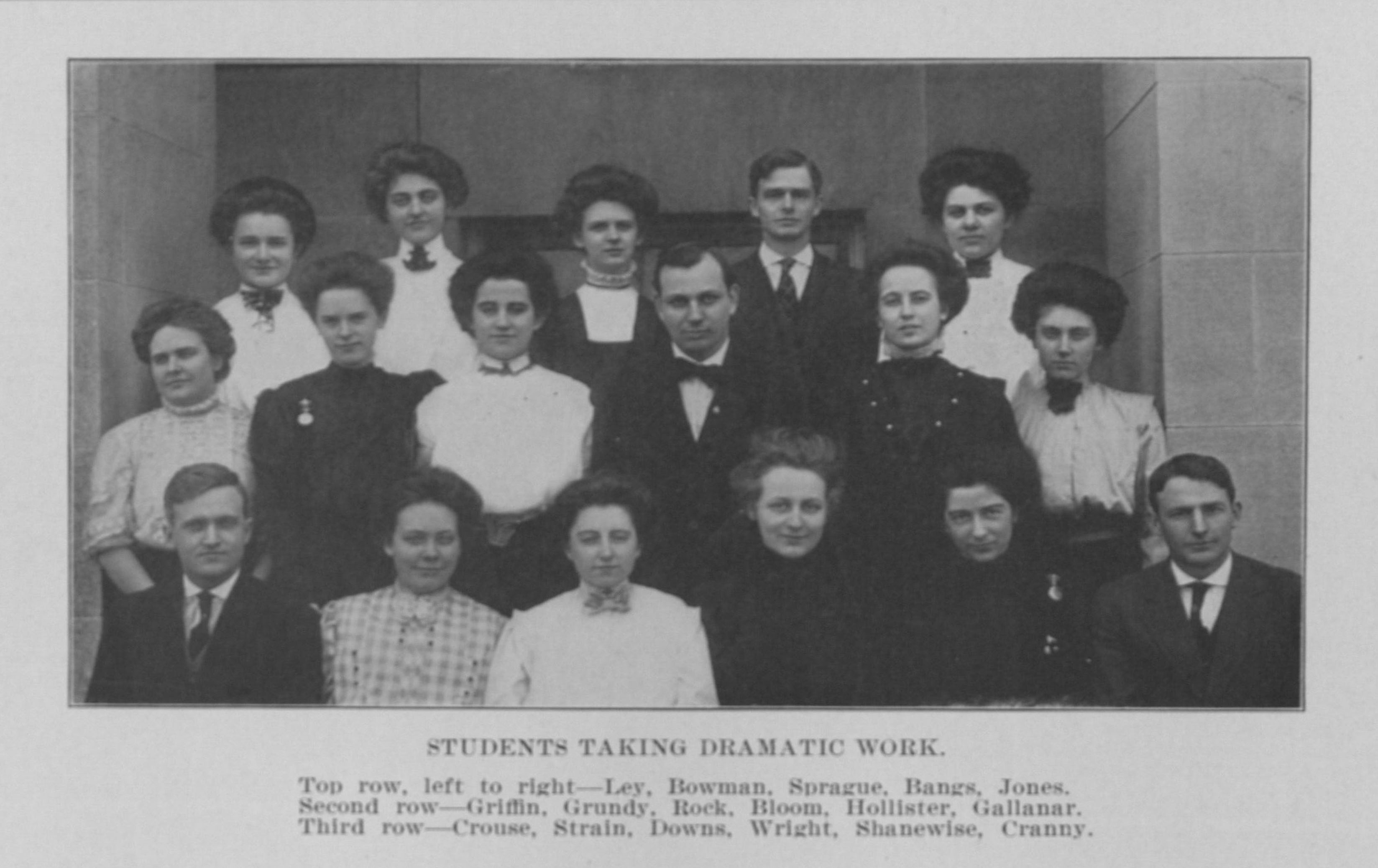 Students taking dramatic work, 1909; Lenore Shanewise is second from the right in the front row.