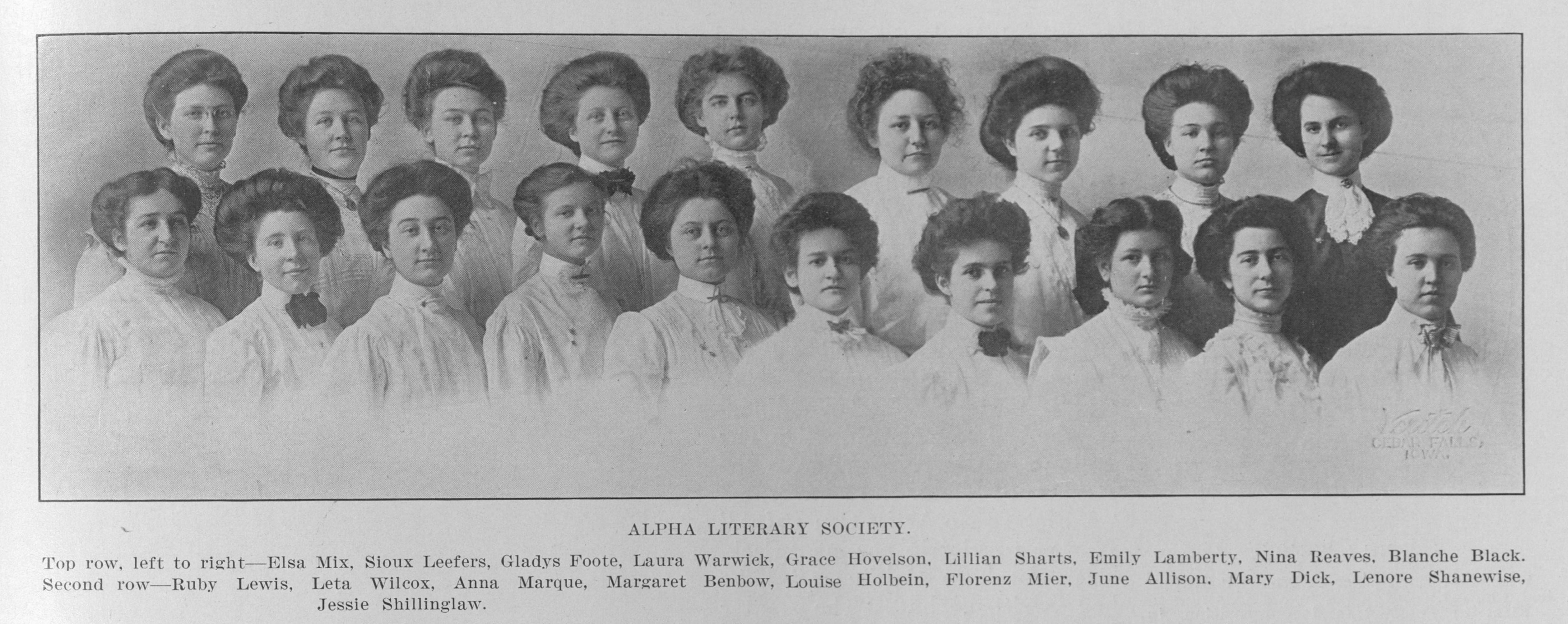 Alpha literary society, 1909; Lenore Shanewise in the front row, second from the right.