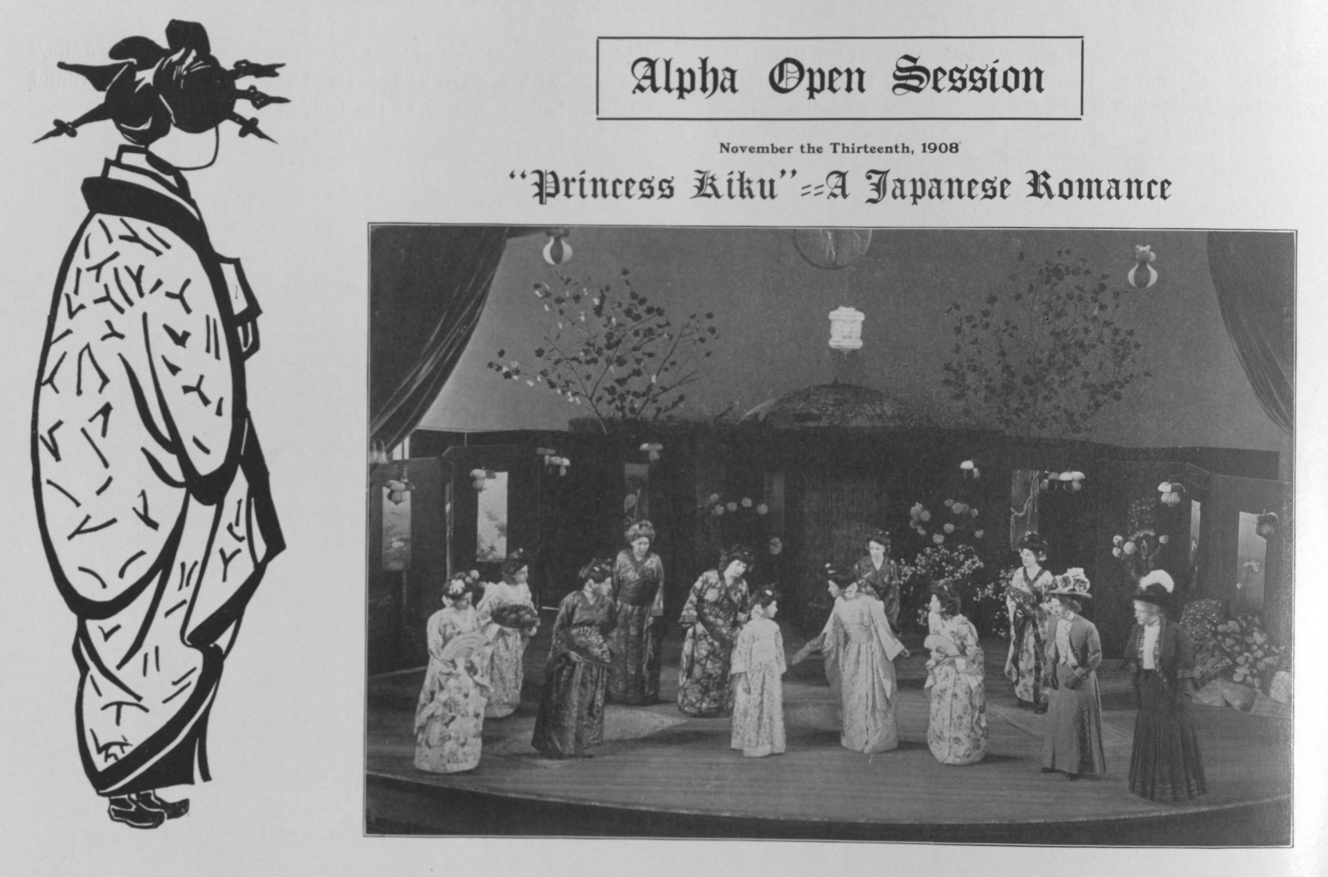 "Princess Kiku", Alpha open session, 1908; Lenore Shanewise is likely the woman who is bowing in the center.