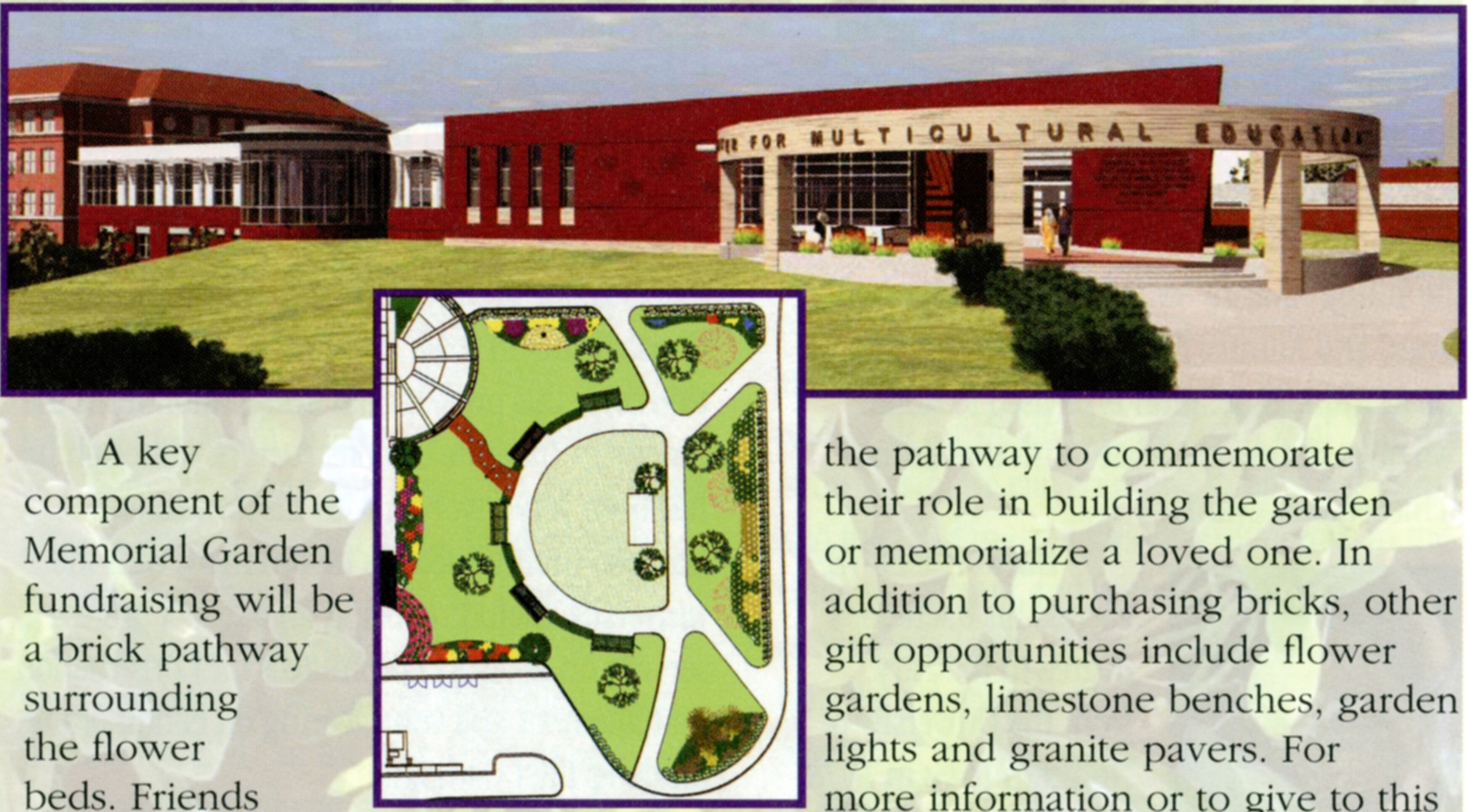 Printed in magazine, computer rendering of Maucker Union Center for Multicultural Education at top and inset showing aerial plan of garden below, surrounded by some text from article