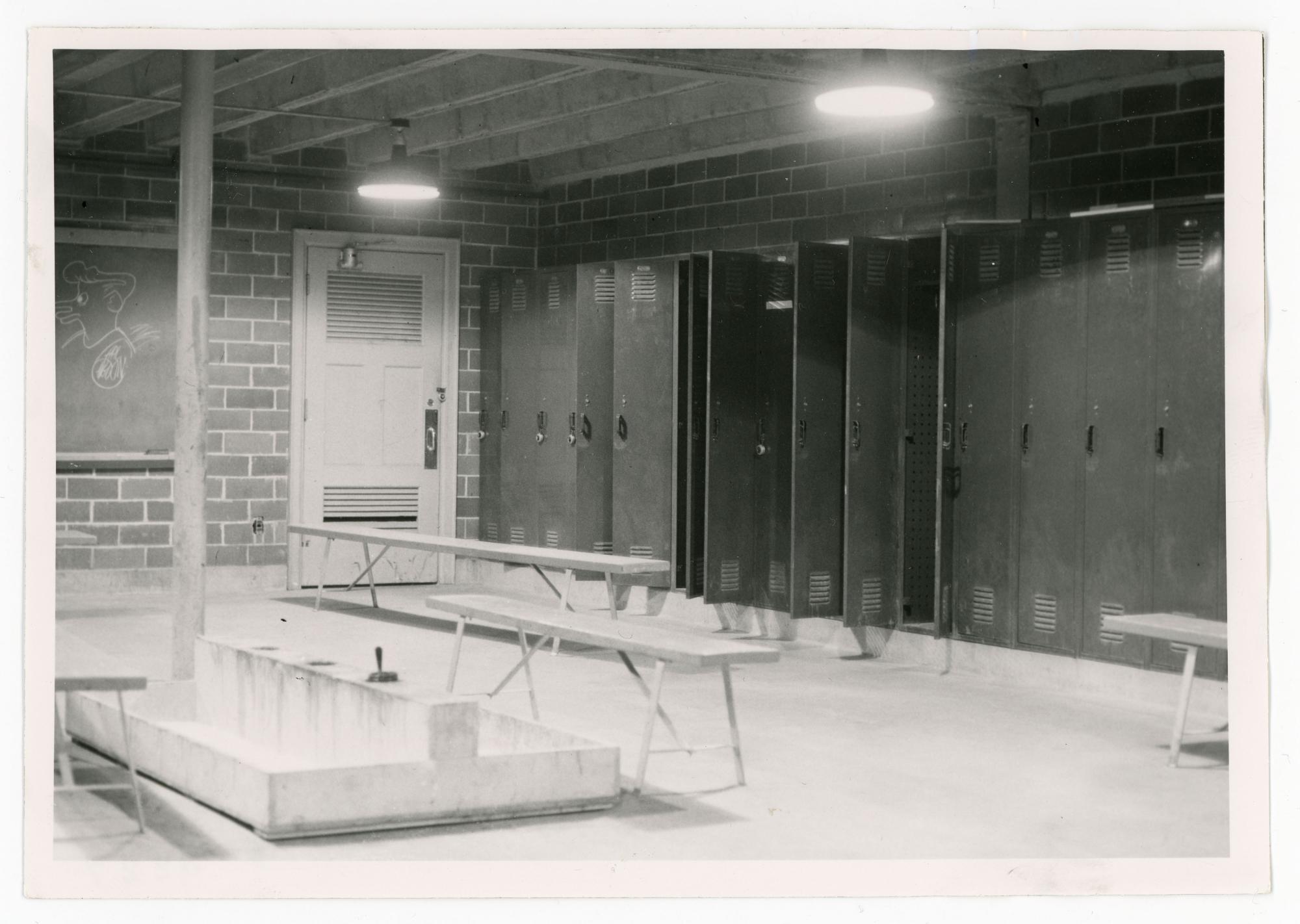 Empty Latham Stadium locker room