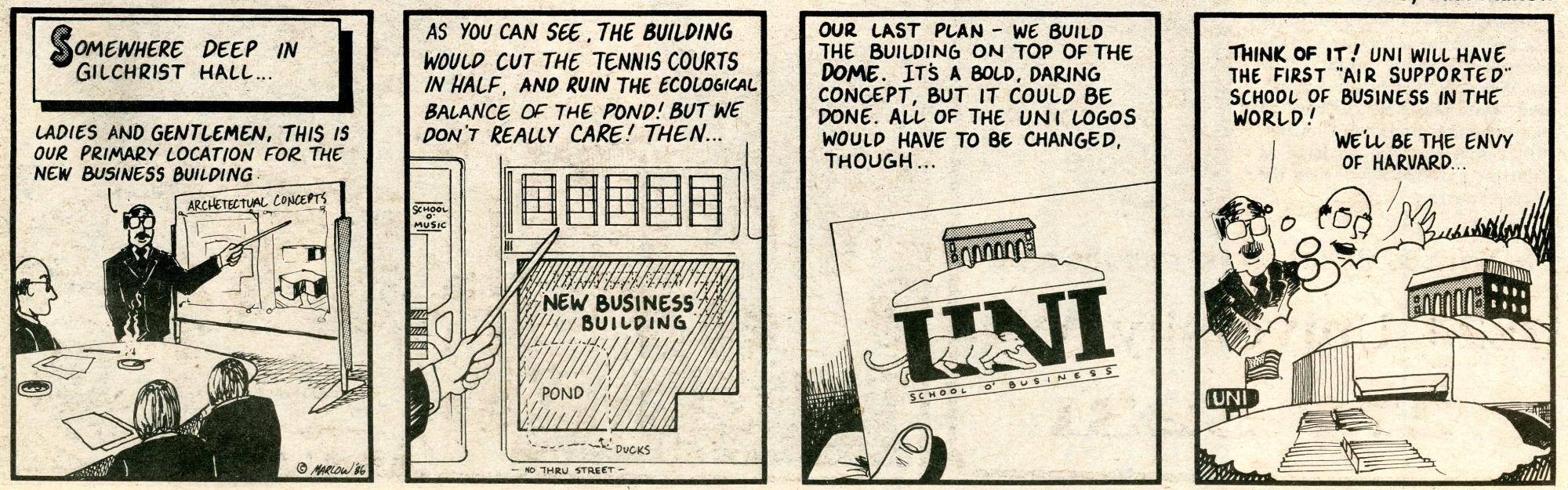 Northern Iowa newspaper cartoon depicting the UNI-Dome roof as site for new business building