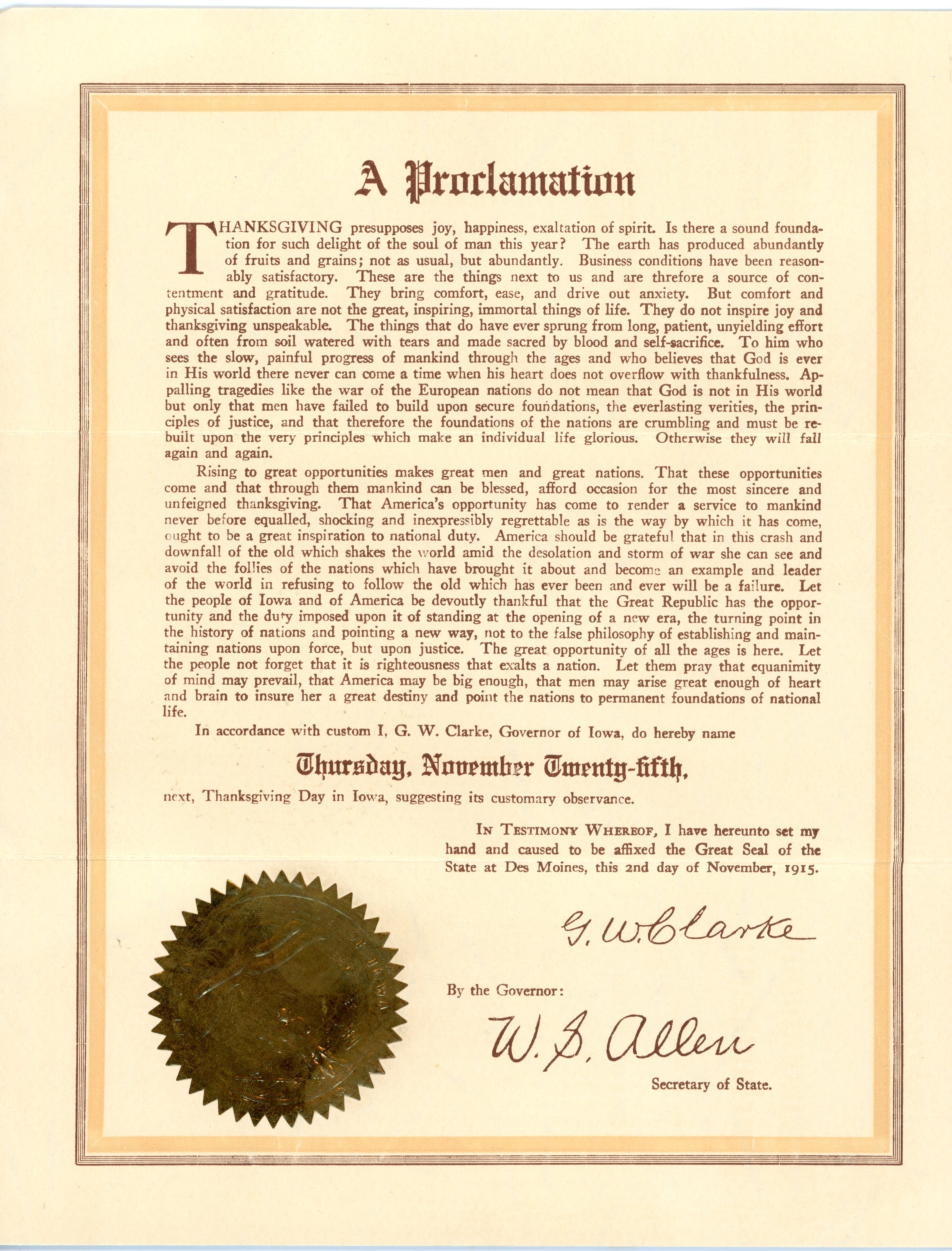 Thanksgiving Proclamation for 1915