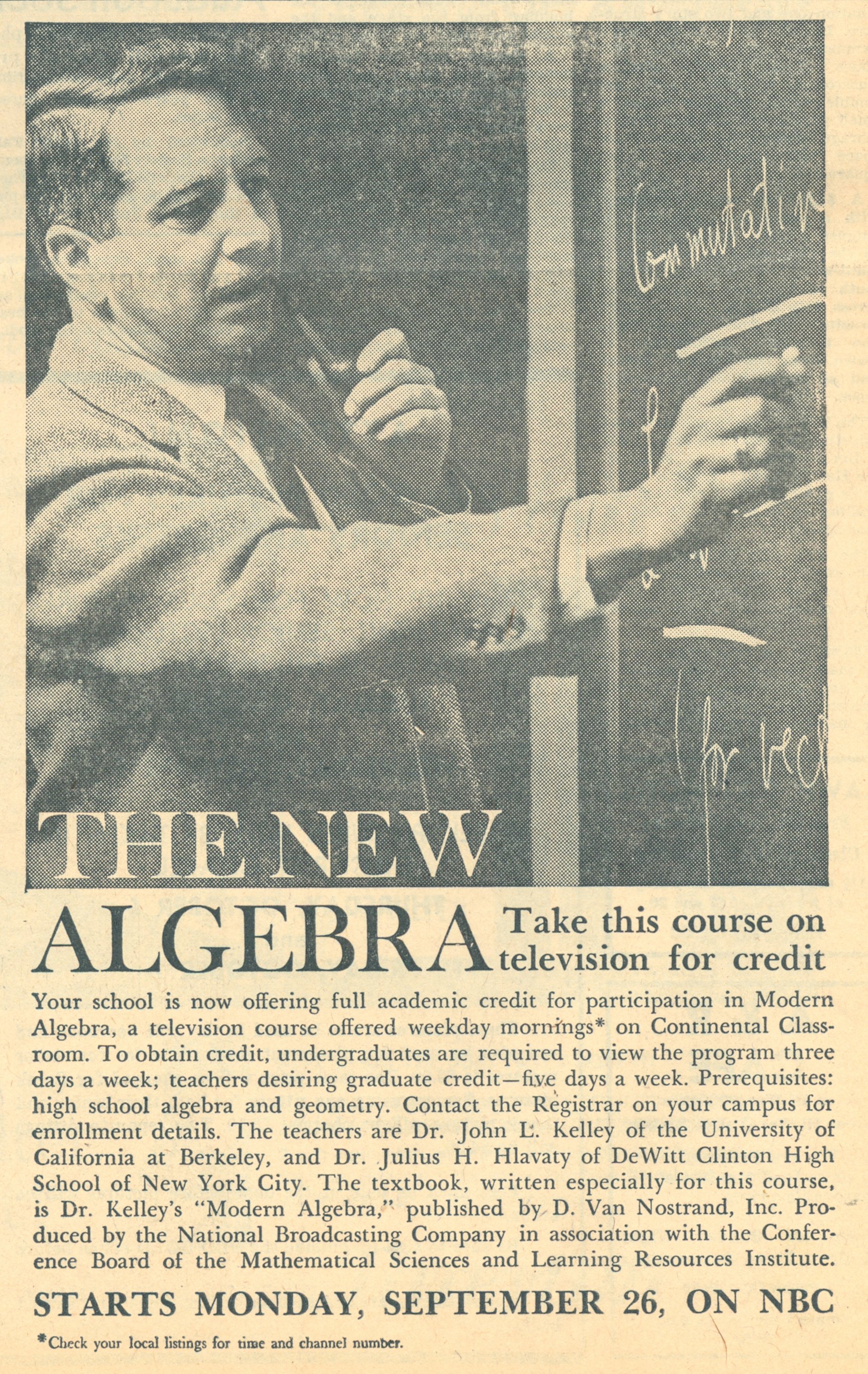 Advertisement for NBC mathematics course, 1960; Teachers College students could take this class for credit.