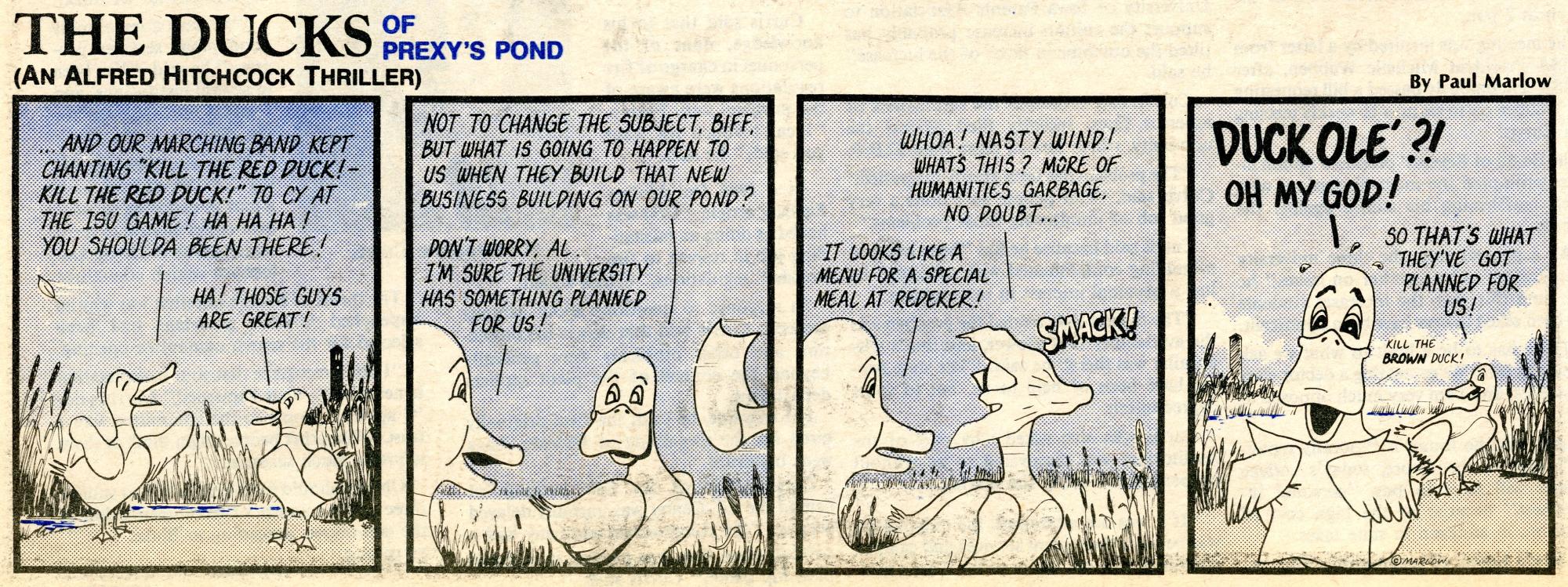 “The Ducks of Prexy’s Pond (An Alfred Hitchcock Thriller)”, a cartoon by Paul Marlow