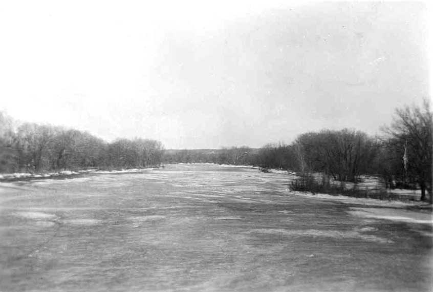 Cedar River from Main Street bridge, Cedar Falls, Spring 1933.