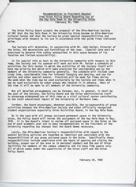 Attachment from correspondence, "Recommendation to President Maucker from Union Policy Board Regarding the Key Hole Room in the University Union."