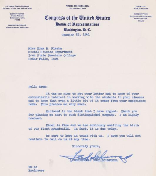 Fred Schwengel letter to Dr. Plaehn