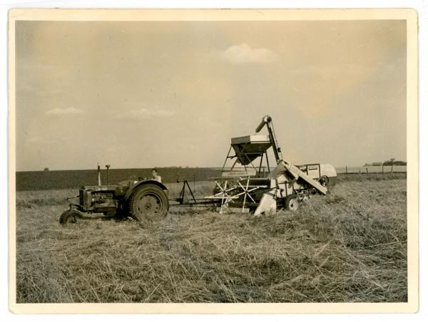 Photograph of James Hearst driving a tractor with a wagon behind it. 