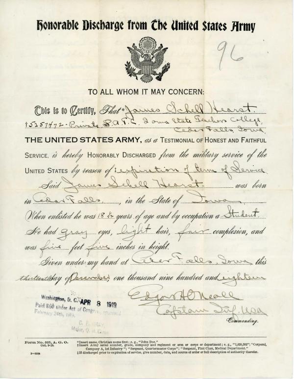 Military document ordering the honorable discharge of James Hearst.