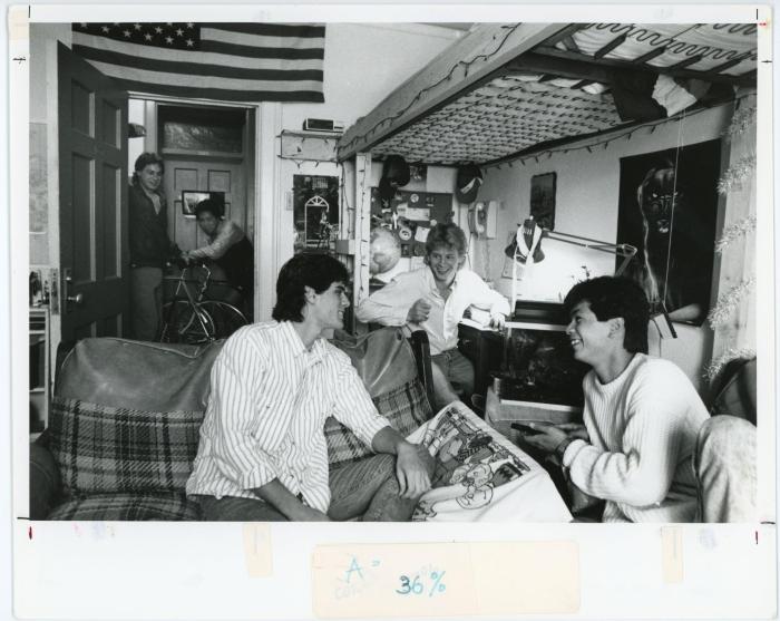 Photograph of students in Bartlett Hall dorm room. 1988.