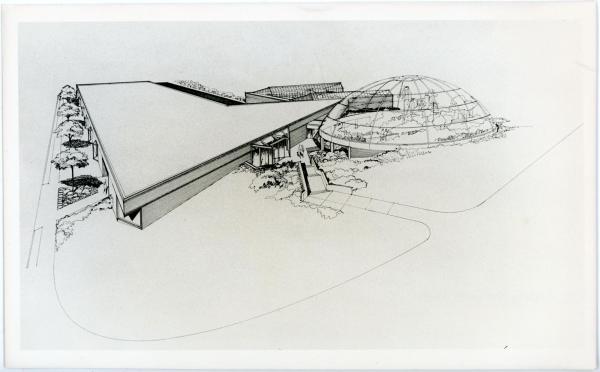 Architectural sketch of the plans for the Biology Research Complex including the &quot;Ecotron&quot; which was not built