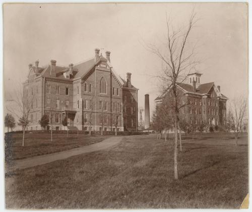 Photograph of South Hall (later named Gilchrist, left) and North Hall (later named Central, right)