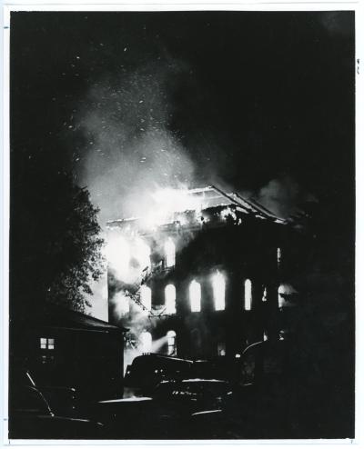 Photograph of Central Hall on fire