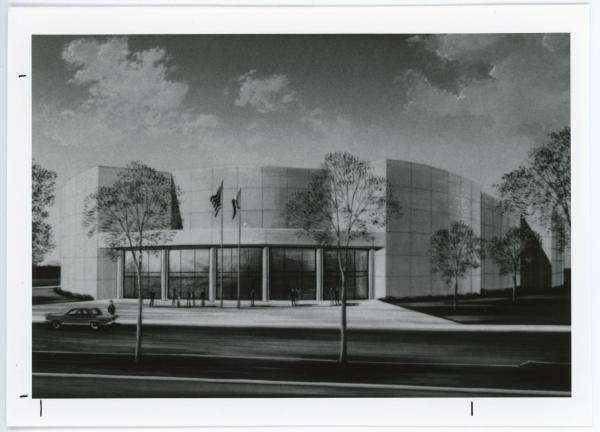 Black and white architectural sketch of the Gallagher-Bluedorn Performing Arts Center
