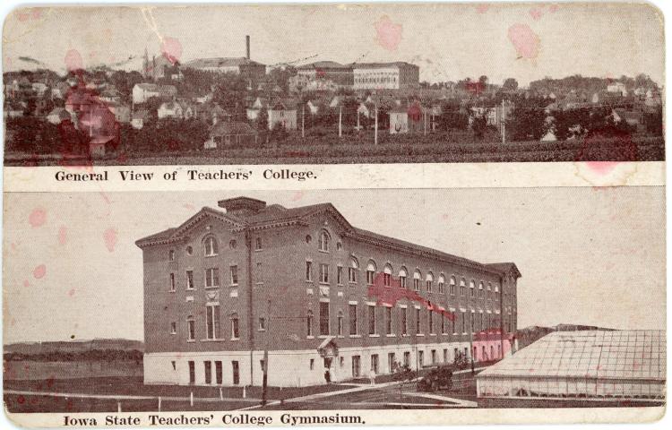 Postcard with two pictures, the one on top contains a general view of the campus and the other is an exterior shot of the East Gymnasium with the Greenhouse in the bottom right corner