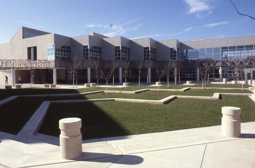 Exterior photo of the Kamerick Art Building and courtyard