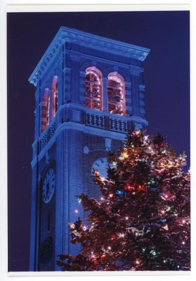 Campanile with Christmas lights in the belfry windows