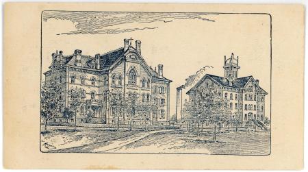 Drawing of North and South Hall with the smoke stack from the power plant visible in the background