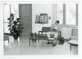 Student studying in Russell Hall lounge