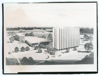 Architect's drawing of a single high rise dormitory linked to Campbell Hall by a common dining facility