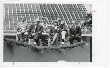 From left to right: Lee Miller, T. Wayne Davis, Carolyn Behn, Ann Brenden, Stan Sheriff, and Bill Wright sitting at the UNI-Dome dedication ceremony