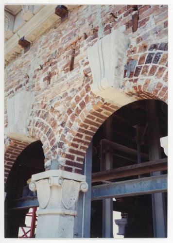 Brickwork and trim outside of the Campanile belfry 