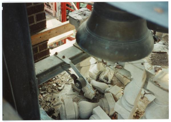Limestone trim removed from Campanile exterior sitting inside Campanile belfry