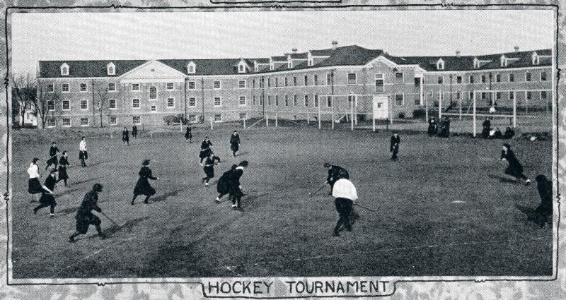 Women playing field hockey, 1924