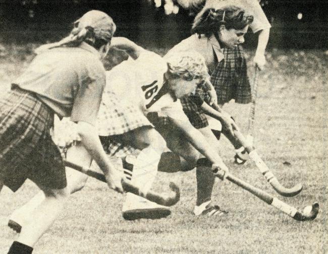 Field hockey action against Grinnell, October 1982.