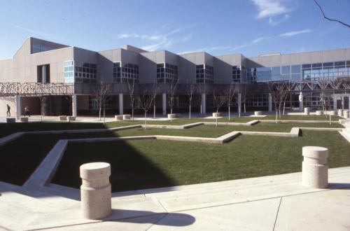 Exterior photo of the Kamerick Art Building and courtyard