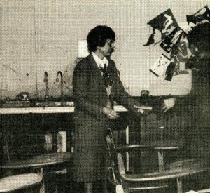 Photograph of Grace Ann Hovet in an old art classroom