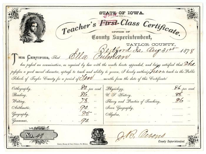 Teaching certificate for Ella Pullman