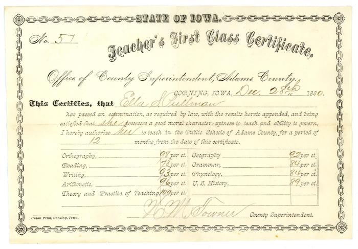 Teaching certificate for Ella Pullman