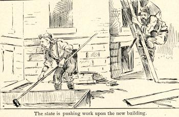 Cartoon depicting President Seerley working on the construction of the new building