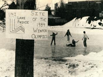 Students ice skating on Prexy's Pond