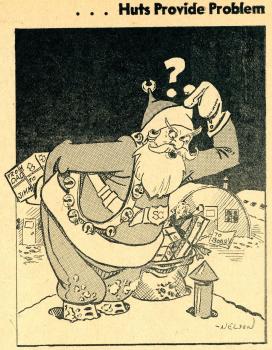 Cartoon depicting Santa Clause confused about the small oil stove chimney of a Sunset Village unit