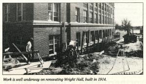 Exterior of Wright Hall in the middle of the Library drive project